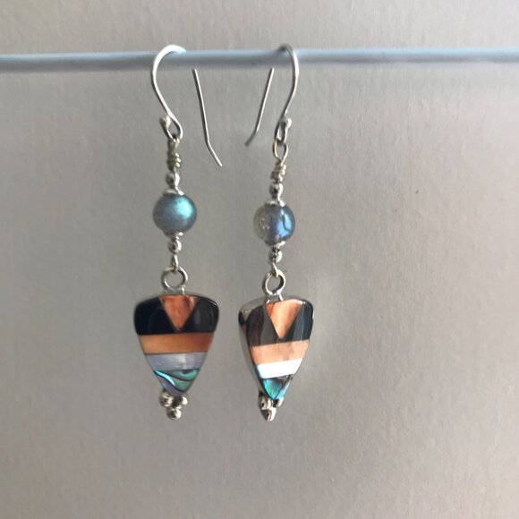 Sterling Silver, Labradorite and Shell Dangle Earrings - Picture 1 of 9
